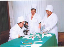 Laboratory workers practice their new skills during a hands-on workshop.