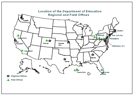 This map of the United States shows the locations of the regional and field offices of the Department of Education.