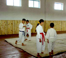 Students study karate in the new community center.