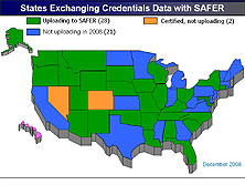'States Exchanging Credentialing Data with SAFER' this state map illustrates states' participation in uploading credentialing data to SAFER. Larger image is displayed on the linked page
