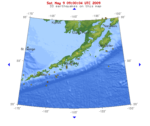 10-degree map showing recent earthquakes