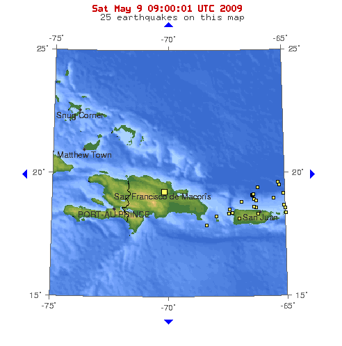 10-degree map showing recent earthquakes