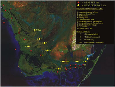 map showing location of Comprehensive Everglades Restoration Plan Monitoring and Assessment Plan and Priority Ecosystems Science funded United States Geological Survey monitoring stations along the southern estuaries of South Florida