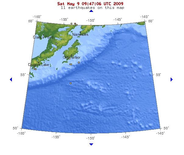 10-degree map showing recent earthquakes