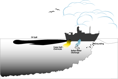 Diagram: Ship grounding on reef, releasing oil, chemical cargo, and ballast water.