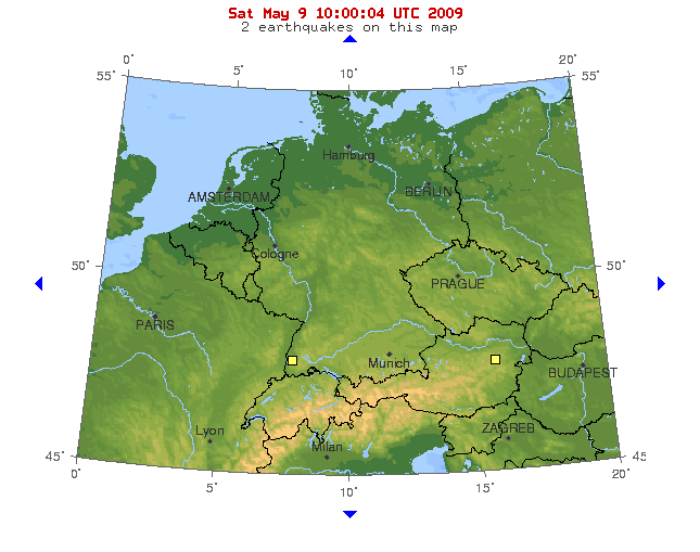 10-degree map showing recent earthquakes