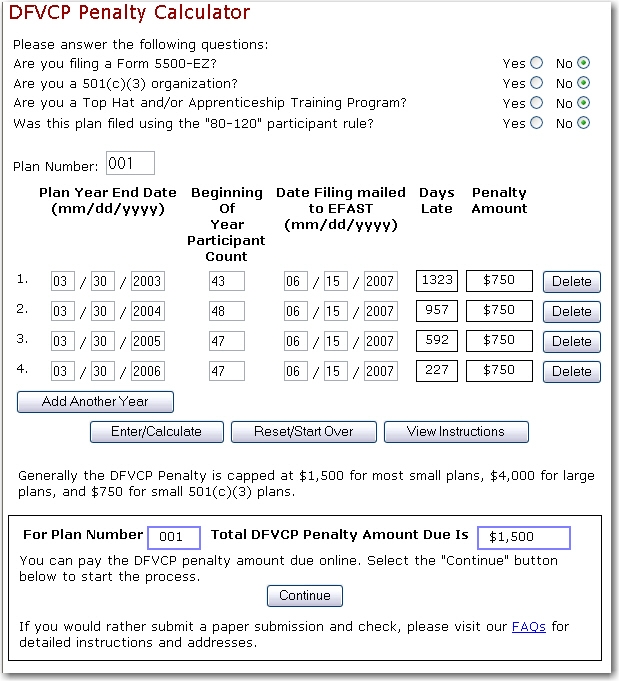 DFVCP Penalty Calculator Example One