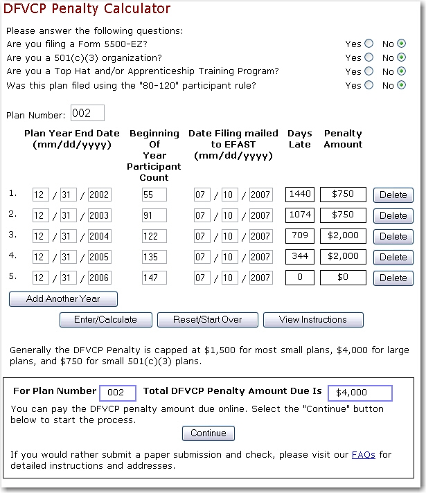 DFVCP Penalty Calculator Example Two