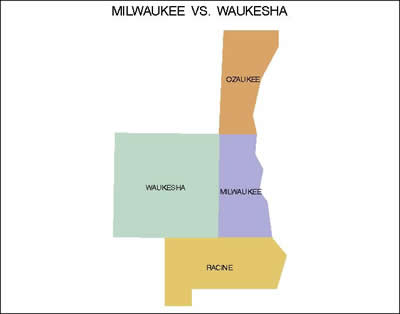 Map of Waukesha County, Milwaukee County and neighboring counties