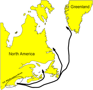map illustrating the migration of Atlantic salmon from U.S. rivers to Canada to Greenland
