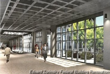 Rendering of new building hallway with windows