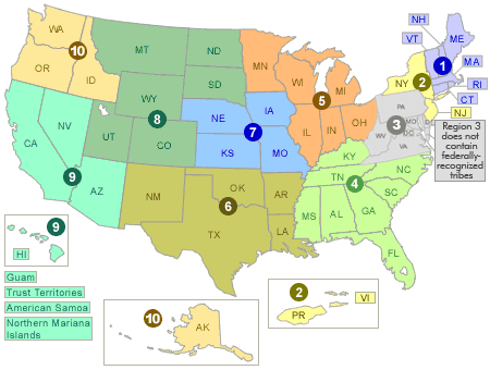 Map of the US, split into EPA regions