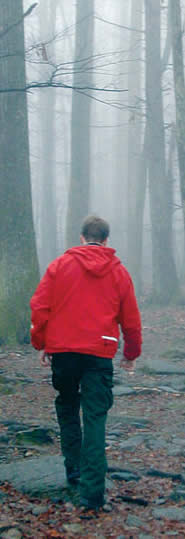 A hiker makes his way up Old Rag on a foggy day.