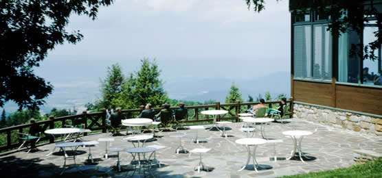 Visitors enjoying the outdoor patio at Skyland Dining Hall.