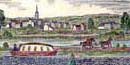 Hand colored drawing of barge on Blackstone Canal in Millbury