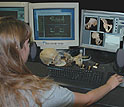 photo of UTCT lab assistant, reviewing anatomy of the human pelvis for correct labeling