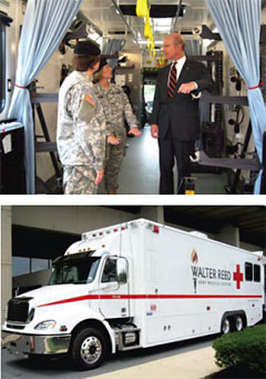 Business person meets with service members; patient vehicle