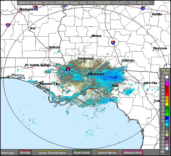 The latest base reflectivity image from the NWS Doppler radar that serves Tallahassee, FL.  Click on the image for additional options.