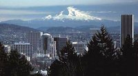 Mount Hood provides the backdrop for this view of the Portland, Oregon skyline. Source: http://vulcan.wr.usgs.gov {{PD}} Photo courtesy USGS/Cascades Volcano Observatory