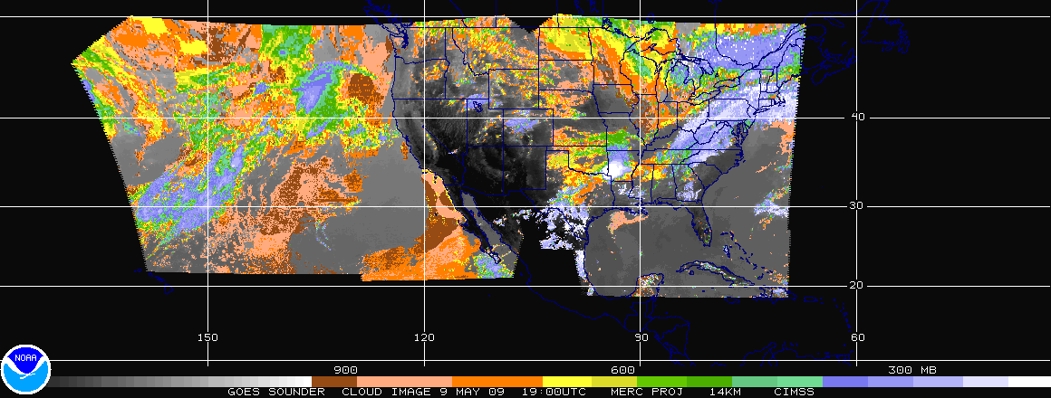 Cloud top pressure derived from the GOES-12 sounder.  Click on the image for a larger view.