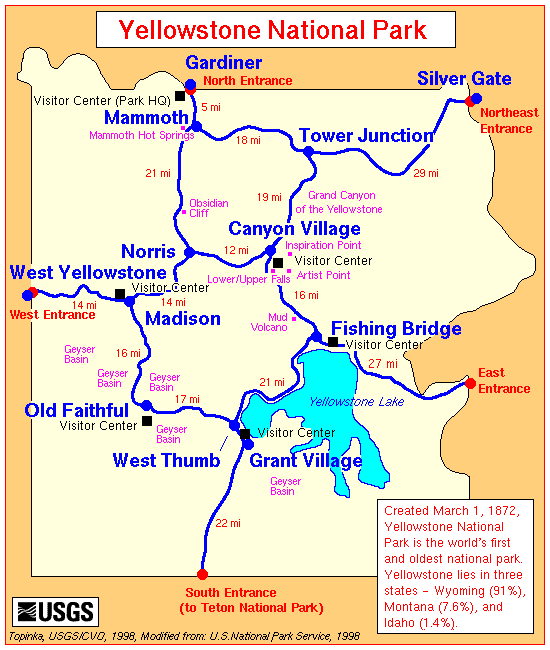 Map, Yellowstone National Park and Vicinity, click to enlarge