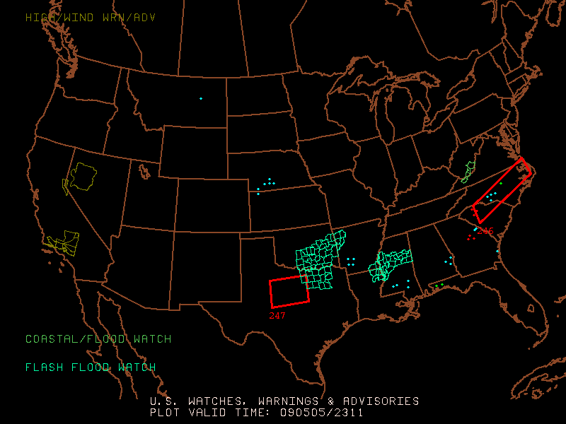 Displays watches, warnings, and advisories currently in effect across the entire continental U.S.