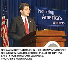 OSHA Administrator John L. Henshaw announces OSHA's new data collection plans to improve safety for immigrant workers. Photo by Shawn Moore