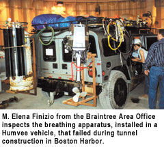 M. Elena Finizio from the Braintree Area Office inspects the breathing apparatus, installed in a Humvee vehicle, that failed during tunnel construction in Boston Harbor.