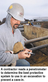 A contractor reads a penetrometer to determine the best protective system to use in an excavation to prevent a cave-in.