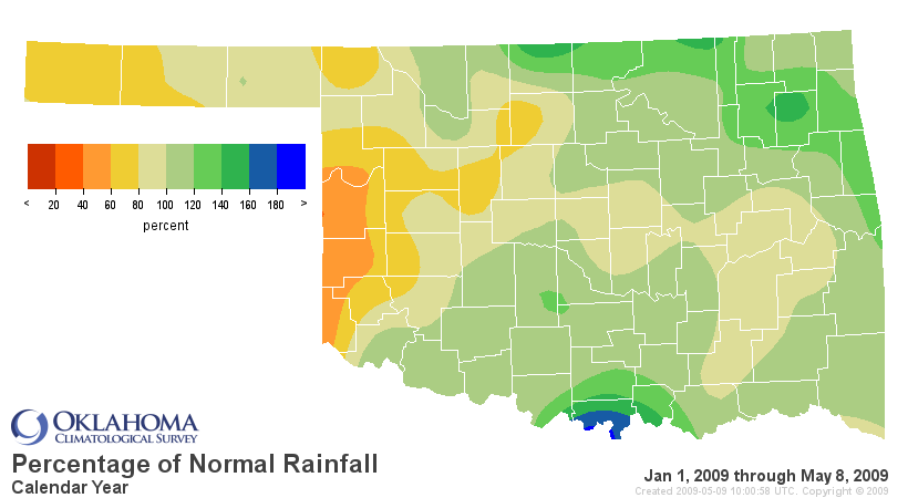 Precipitation Percentage of Normal for Oklahoma for the Calendar Year
