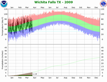 Wichita Falls, TX Temperature and Precipitation Plot for 2009