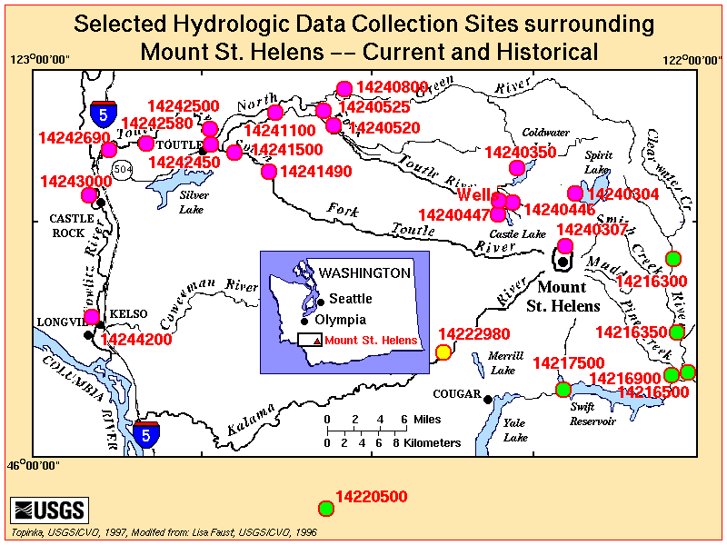 Map, Mount St. Helens Hydrologic Data Stations, Current and Historical