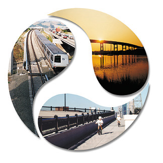 FHWA logo with three pictures; train, a bridge, and a bike path