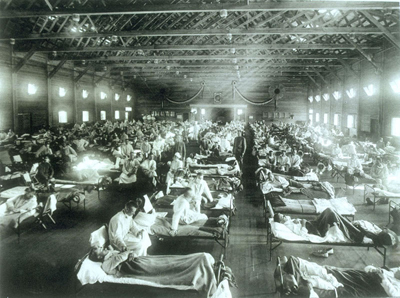 Photo of an emergency hospital at Camp Funston, Kansas, that cared for large numbers of soldiers sickened by the 1918 flu.