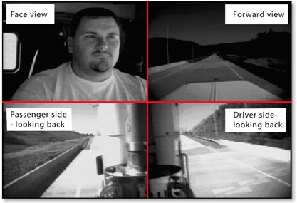 The image consists of four camera views in a quad layout: face view, foward view, driver side looking backward and passenger side looking backward.
