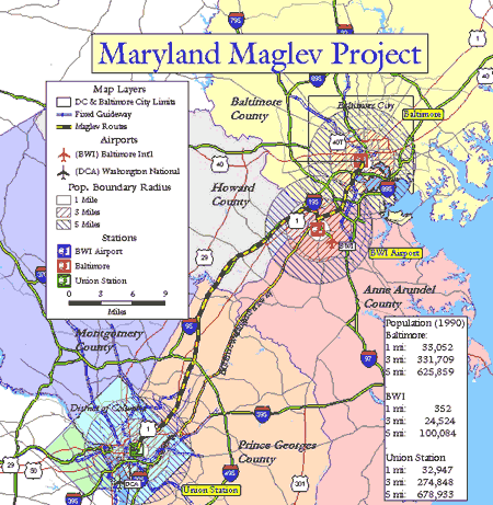 A map of a transportation system proposed for the Washington, DC - Baltimore area.