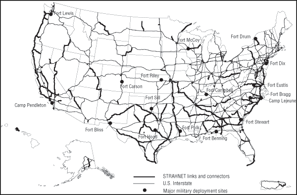 United States map identifying STRAHNET links and connectors, Interstates, and Major millitary depolyment sites