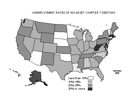 image of U.S. map showing unemployment rates of no-asset chapter 7 debtors