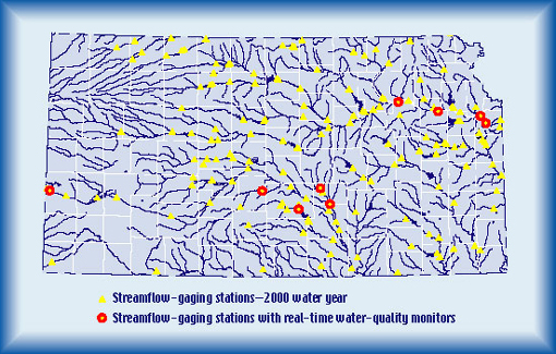 Map 
    showing streamflow gaging stations and streamflow gaging stations with water-quality 
    monitors for the 2000 water year