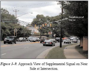 Figure 3-9. Approach View of Supplemental Signal on Near Side at Intersection.