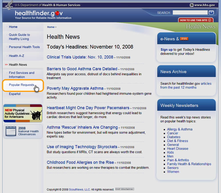 "Health News" home page, with highlight on "Popular Requests" in the left navigation menu.