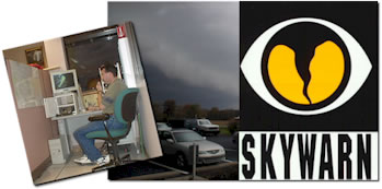 SKYWARN logo with image of skywarn amateur radio operator at work