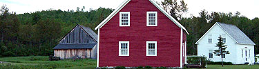 This homestead includes a red and a white house and a wooden barn.