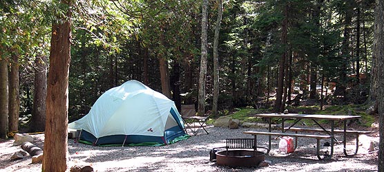 A tent sits at a campsite with a picnic table and fire grate nearby.