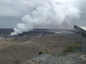 Fumes rise from the vent within Haleama`uma`u crater.