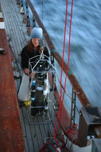 USGS scientist preparing a submersible instrument package that is used to collect water-quality data on the San Francisco Bay, Calif., during a cruise of the USGS Research Vessel Polaris. The instrument includes sensors for measuring depth, conductivity, temperature, suspended solids, chlorophyll, light penetration, and dissolved oxygen