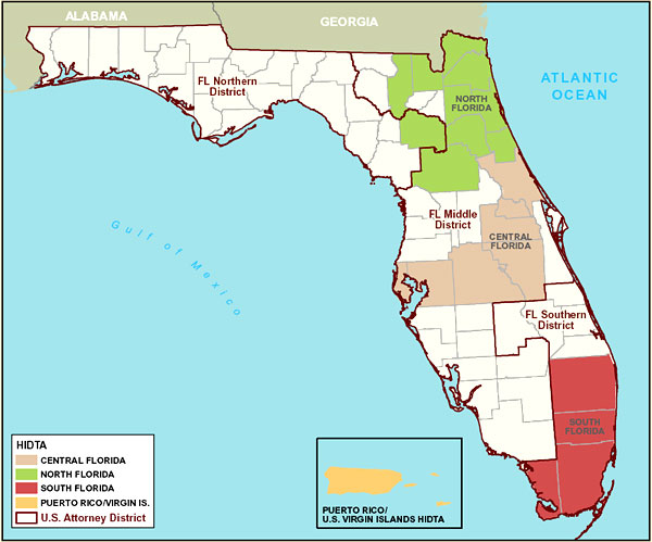 Map of the Florida/Caribbean showing HIDTAs and U.S. Attorney Districts.