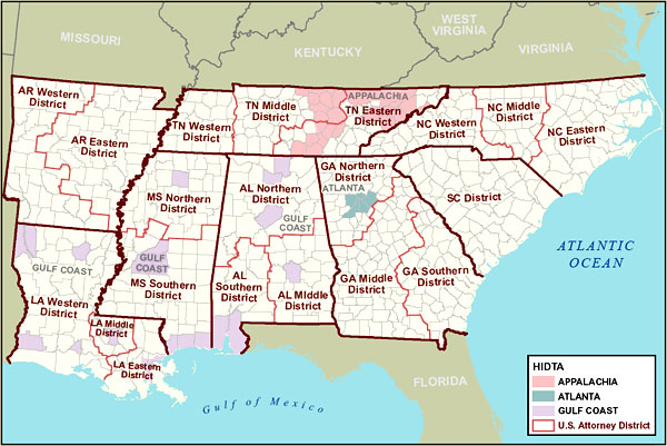 Map of the Southeast Region showing HIDTAs and U.S. Attorney Districts.
