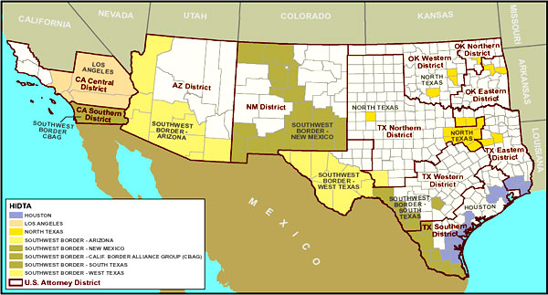 Map of the Southwest Region showing HIDTAs and U.S. Attorney Districts.