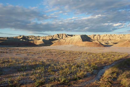 View of Badlands scenery at sunset.